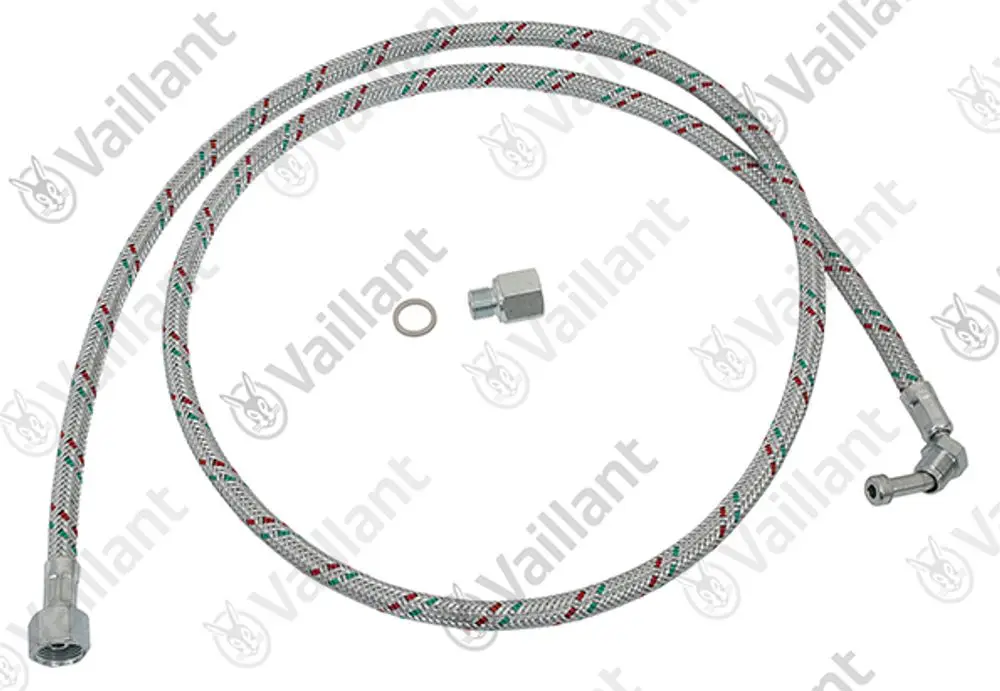 Flexibler Schlauch mit metallener Umflechtung, zwei Anschlüssen und einer Unterlegscheibe, gefertigt von Vaillant. Geeignet für Wasserleitungen oder Heizsysteme.